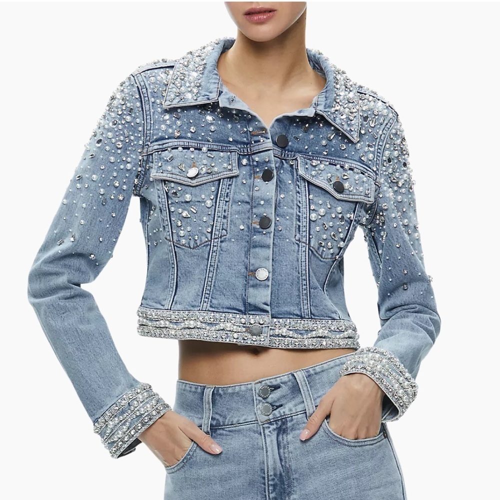 NWOT! Alice + Olivia Nelson Embellished Denim Jacket, Size XS - Picture 7 of 17